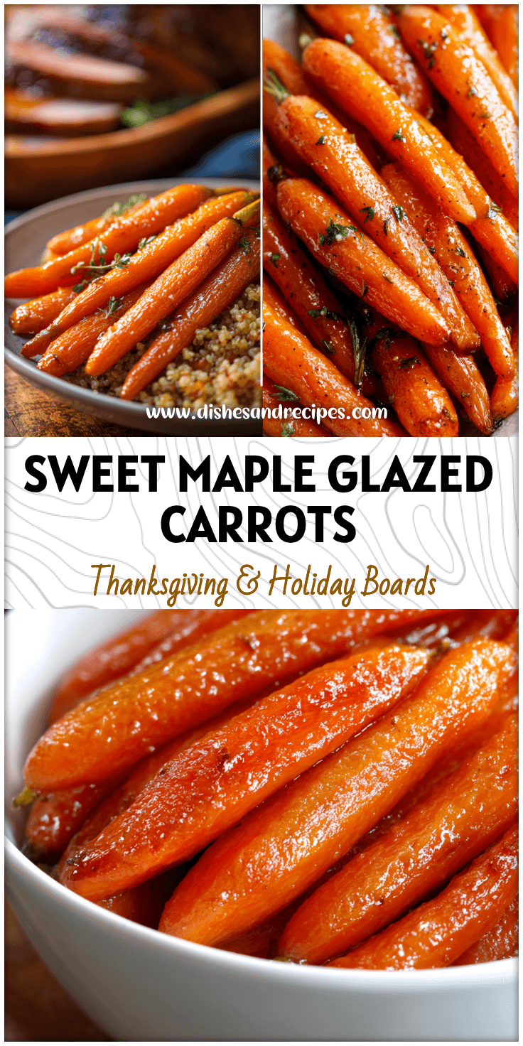 Bowl of maple glazed baby carrots as a Thanksgiving side dish with brown sugar glaze near roasted meat.